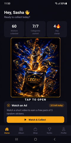 Legend Stickers home screen with a pack ready to open
