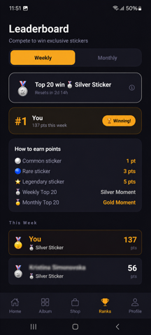 Legend Stickers weekly leaderboard