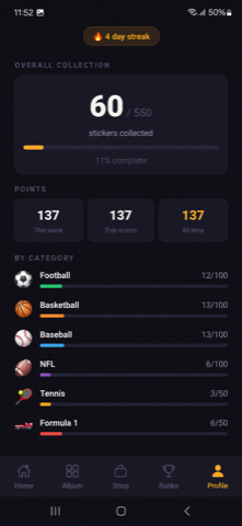 Legend Stickers profile and collection progress