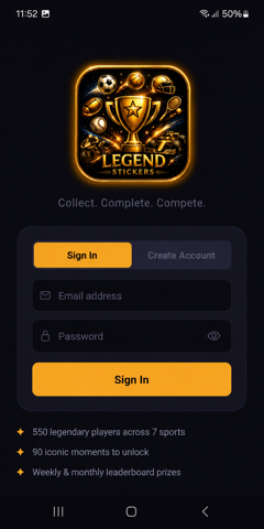 Legend Stickers sign-in screen